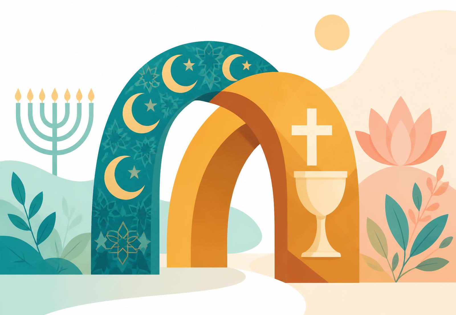 Two interlocking arches decorated with crescent, chalice, menorah and lotus motifs